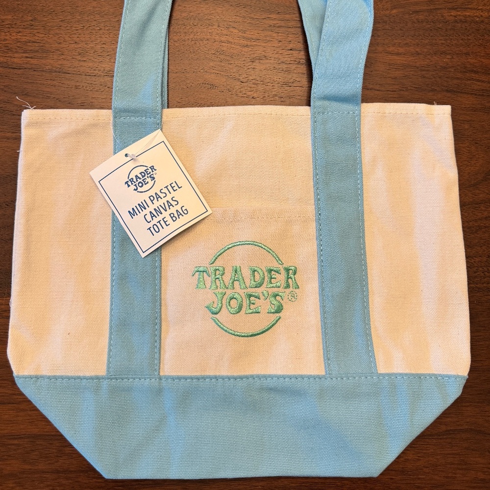 Trader Joe's Canvas Mini Tote Bag in Pastel Blue and Cream